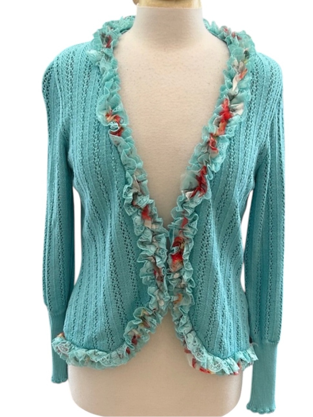 Michael Simon aqua blue silk blend cardigan sweater with ruffle trim Size Small